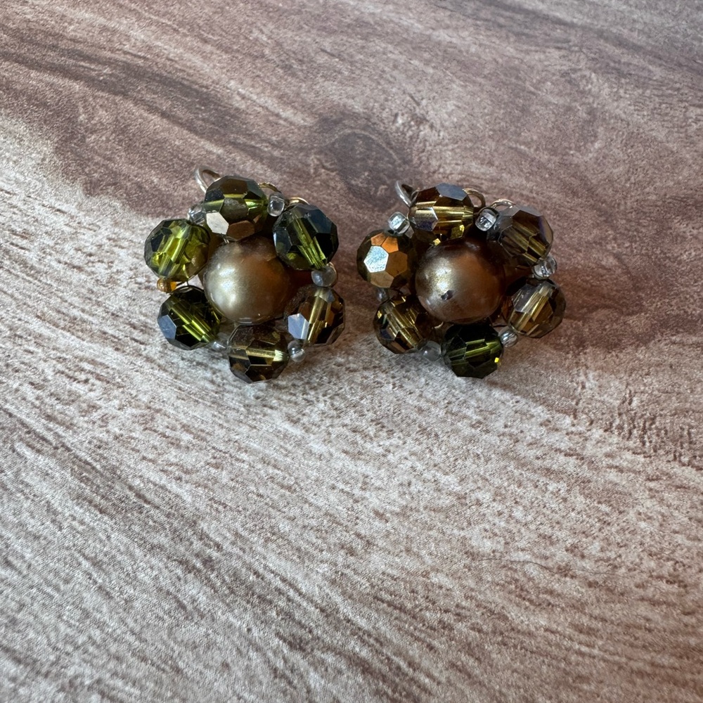 Vintage Marvella Olive Cluster Beaded Clip-on Earrings Chunky